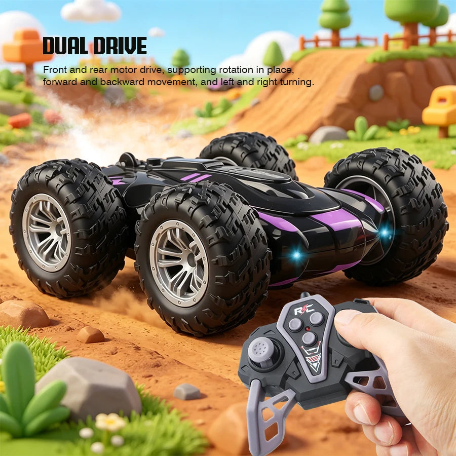 2.4G Remote Control Double-Sided Stunt Car with Lights & Spray, Cool RC Flip Toy Car for Kids