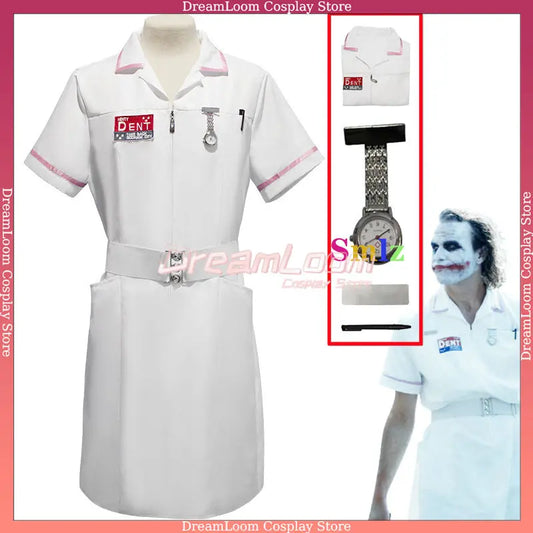 Movie Joker Cosplay Jack Nurse Costume Uniform Cosplay Scary Bat Joker Dress Pocket Watch Pen Halloween Cos Set