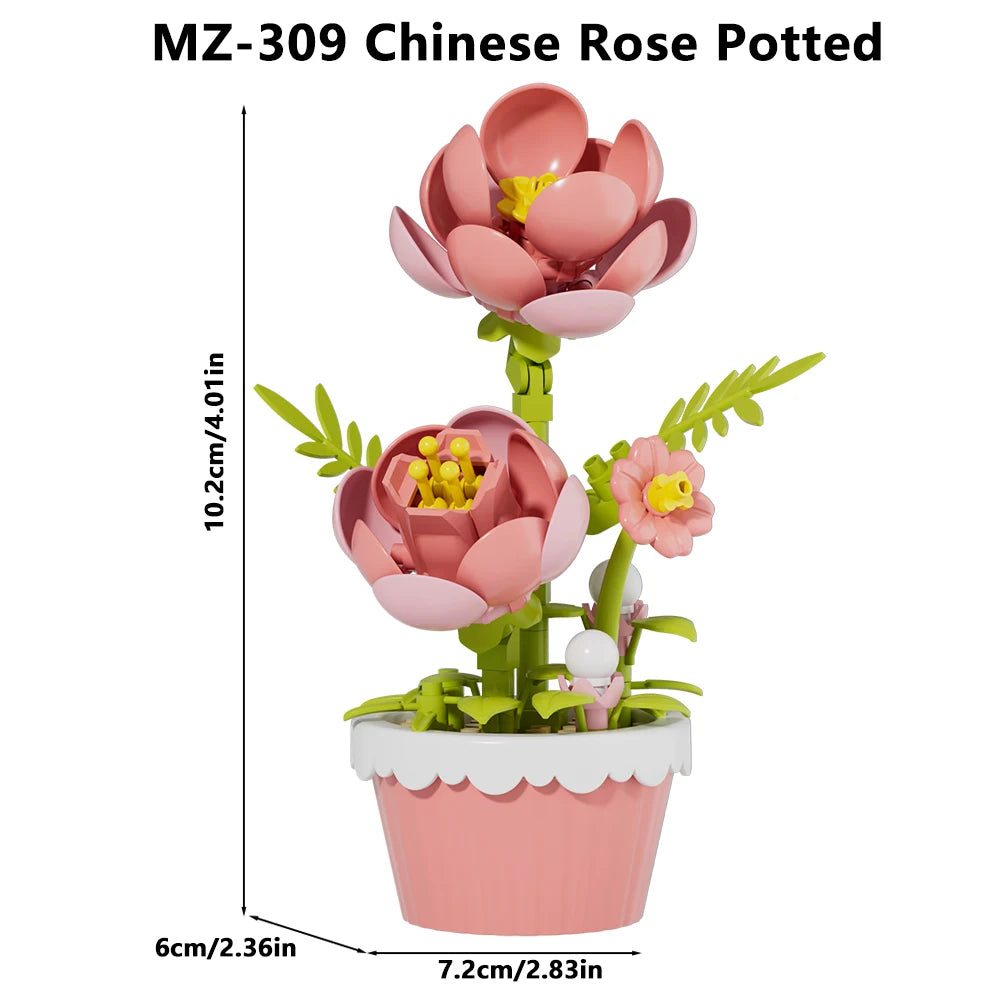 12Pcs Building Block Mini Flower Toy DIY Botanicals Collection Artificial Flowers With Pots Craft Kit For Home Office Desk Decor
