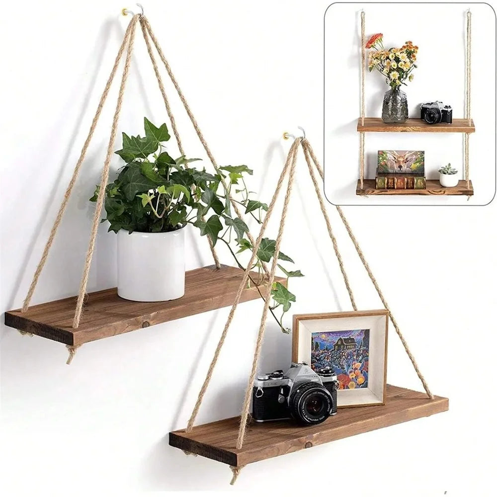Wood Hanging Shelf with Hemp Rope for Plants, Decor & Storage