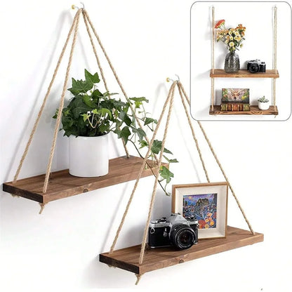 Wood Hanging Shelf with Hemp Rope for Plants, Decor & Storage