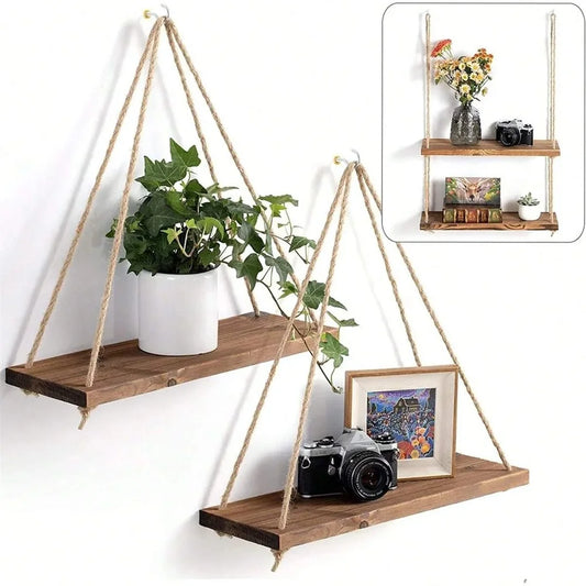 Wood Hanging Shelf with Hemp Rope for Plants, Decor & Storage
