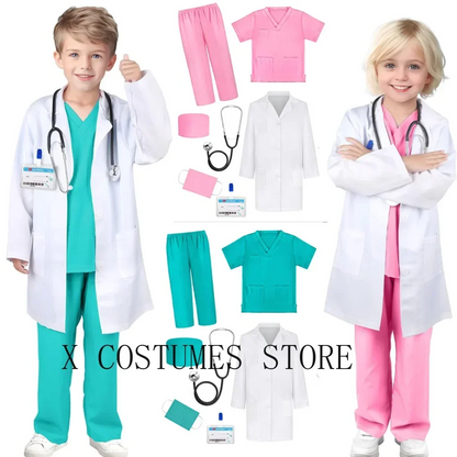Kid's Doctor Cosplay Nurse Costume Nurse Suit Doctor's V Neck Surgical Suit Boys Girls Halloween Party Epidemic Role Clothing