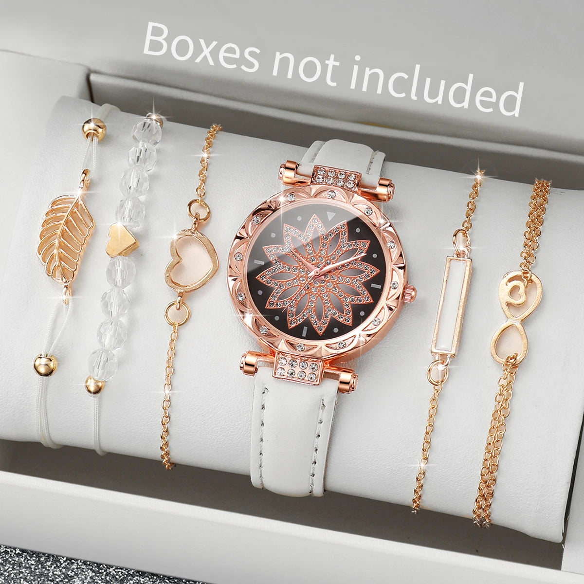 Women's Watch and Bracelet Set with Heart Dial and Leather Band