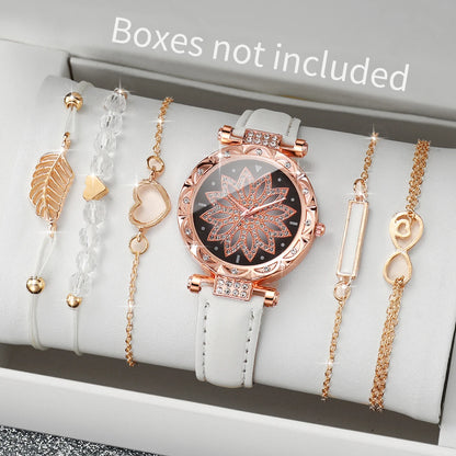 Women's Watch and Bracelet Set with Heart Dial and Leather Band