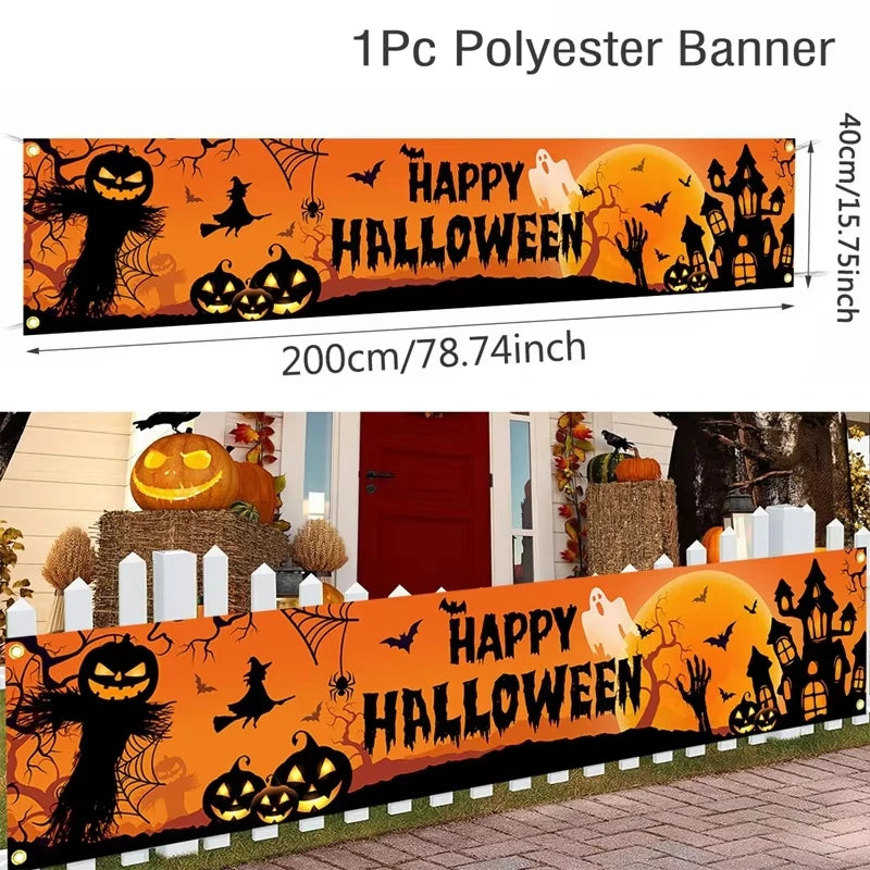 Ghost Halloween Pumpkin Banner Retro Halloween Party Signs Banner Decorations Fence Yard Porch Sign Outdoor Terror Decorations