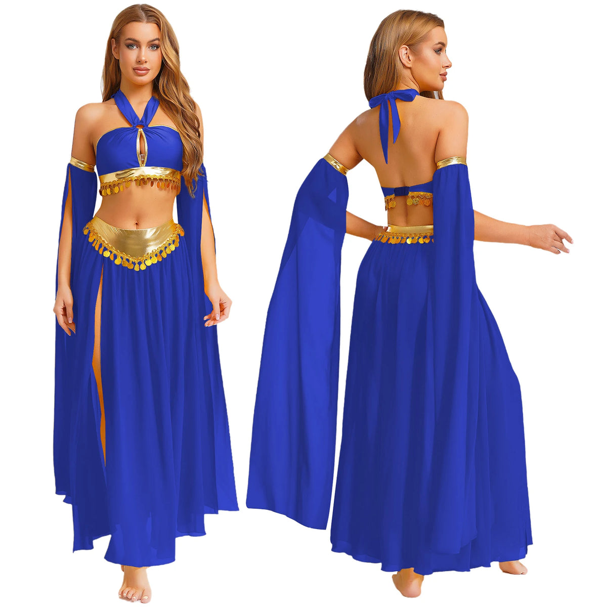 Womens Ancient Rome Egyptian Cleopatra Cosplay Costume Crop Top And Split Skirt Set Carnival Oriental Indian Belly Dance Outfits