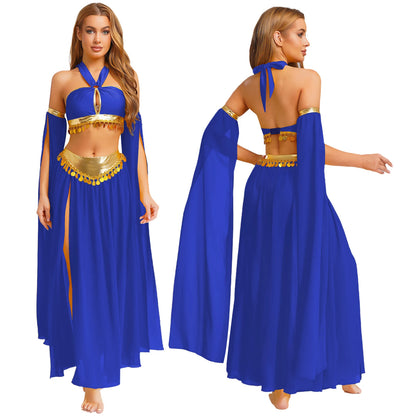 Womens Ancient Rome Egyptian Cleopatra Cosplay Costume Crop Top And Split Skirt Set Carnival Oriental Indian Belly Dance Outfits