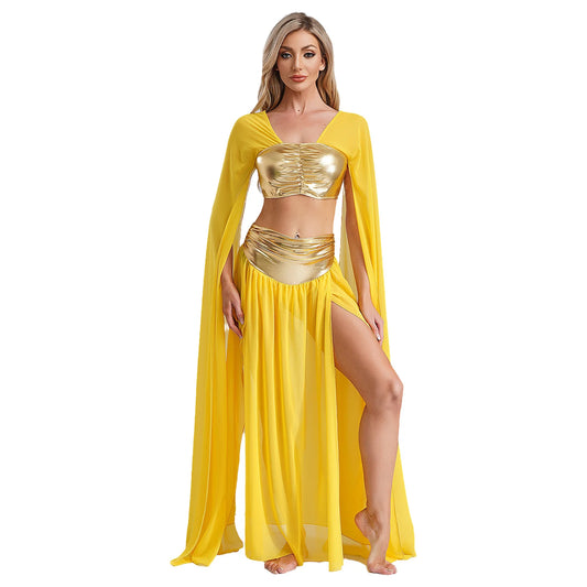 Womens Ancient Rome Egyptian Cleopatra Cosplay Costume Crop Top And Split Skirt Set Carnival Oriental Indian Belly Dance Outfits