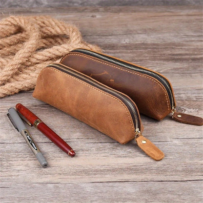 Leather Pencil Case with Zipper for Pens, Stationery and Storage