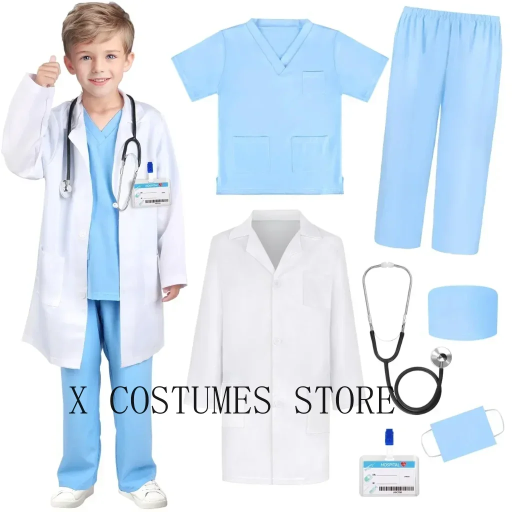 Kid's Doctor Cosplay Nurse Costume Nurse Suit Doctor's V Neck Surgical Suit Boys Girls Halloween Party Epidemic Role Clothing