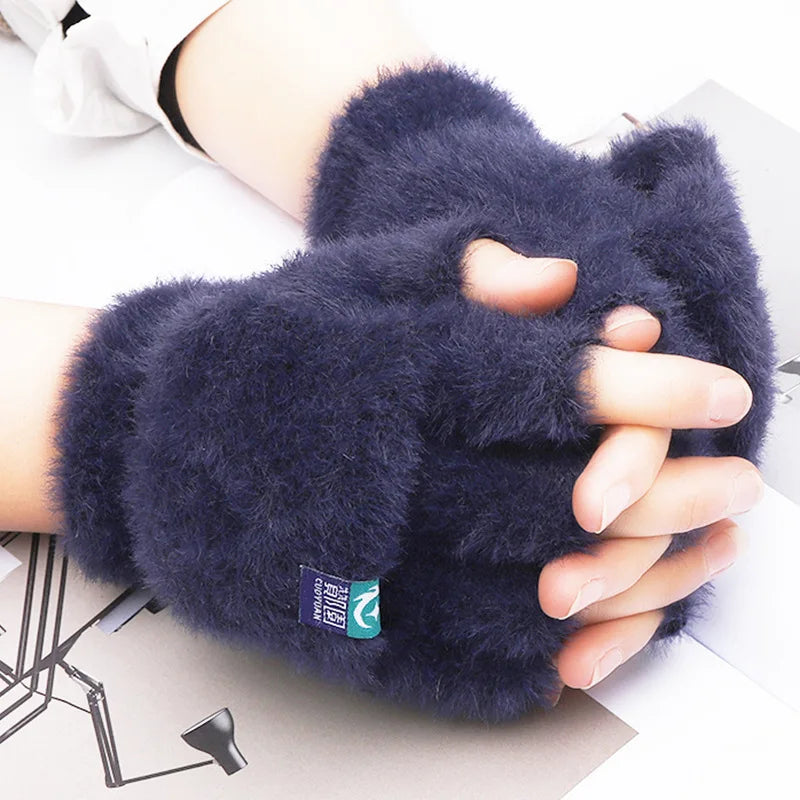 Women's Fingerless Gloves Soft Plush Knit Winter Mittens