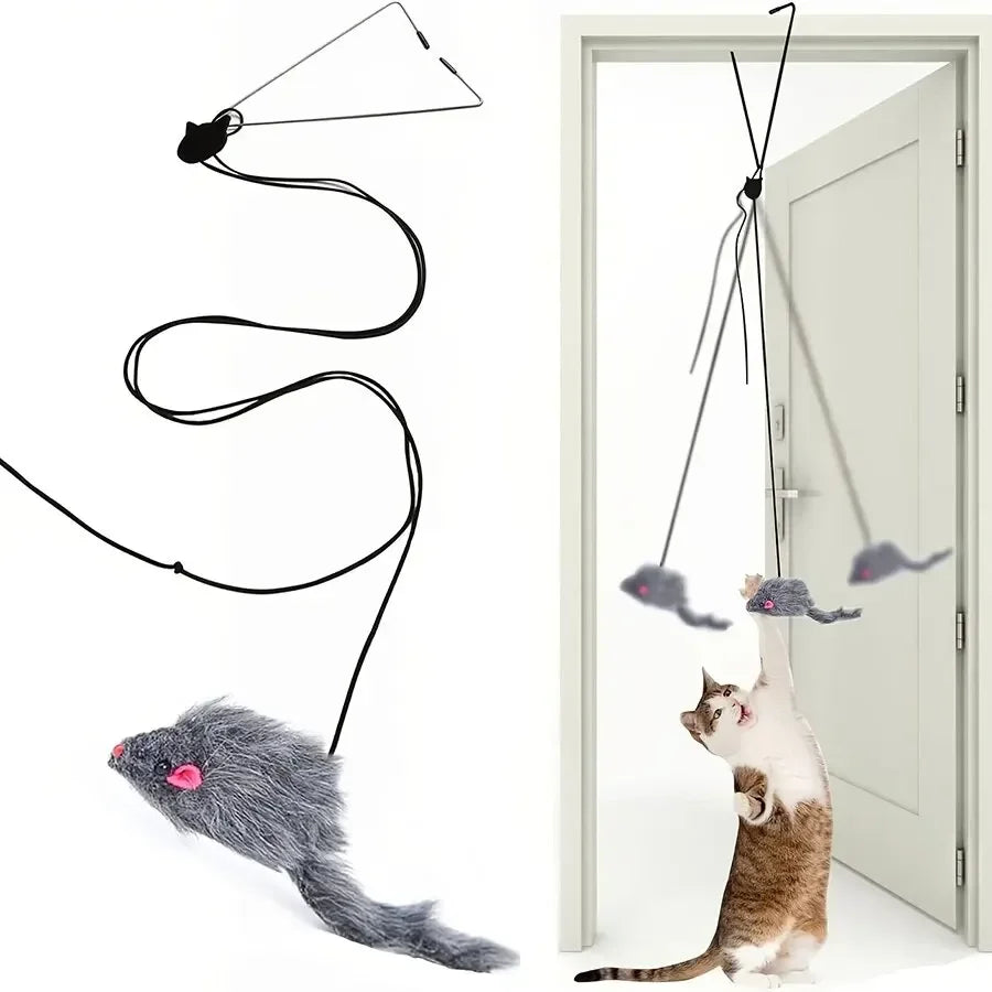 Interactive Cat Door Toy with Hanging Mouse and Retractable Rope