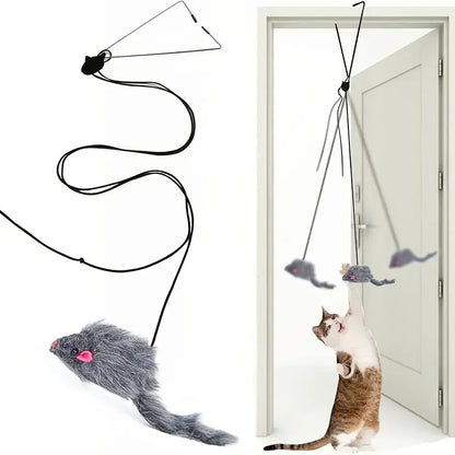 Interactive Cat Door Toy with Hanging Mouse and Retractable Rope