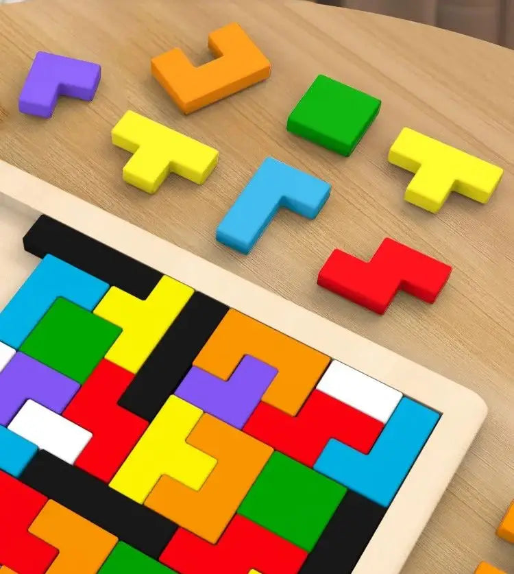 Wooden Tangram Puzzle with Colorful Geometric Building Blocks