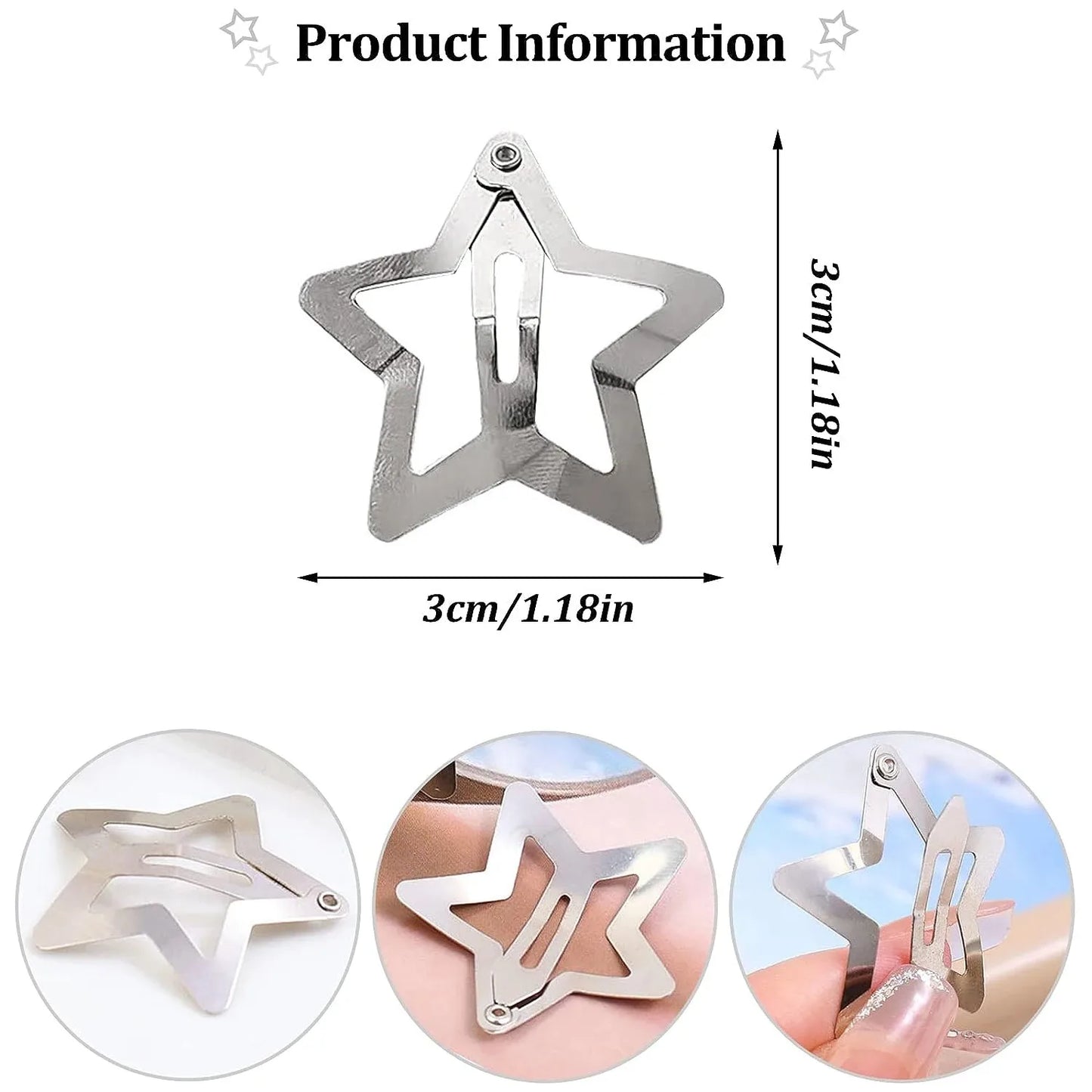 Silver Star Hair Clips – Metal Snap Barrettes for Women and Girls