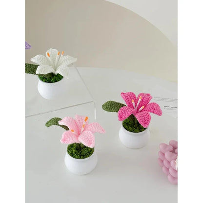 Hand-Knitted Lily Potted Plant Delicate Crochet Woven Flower Pot Mother's Day Gift Home Decor