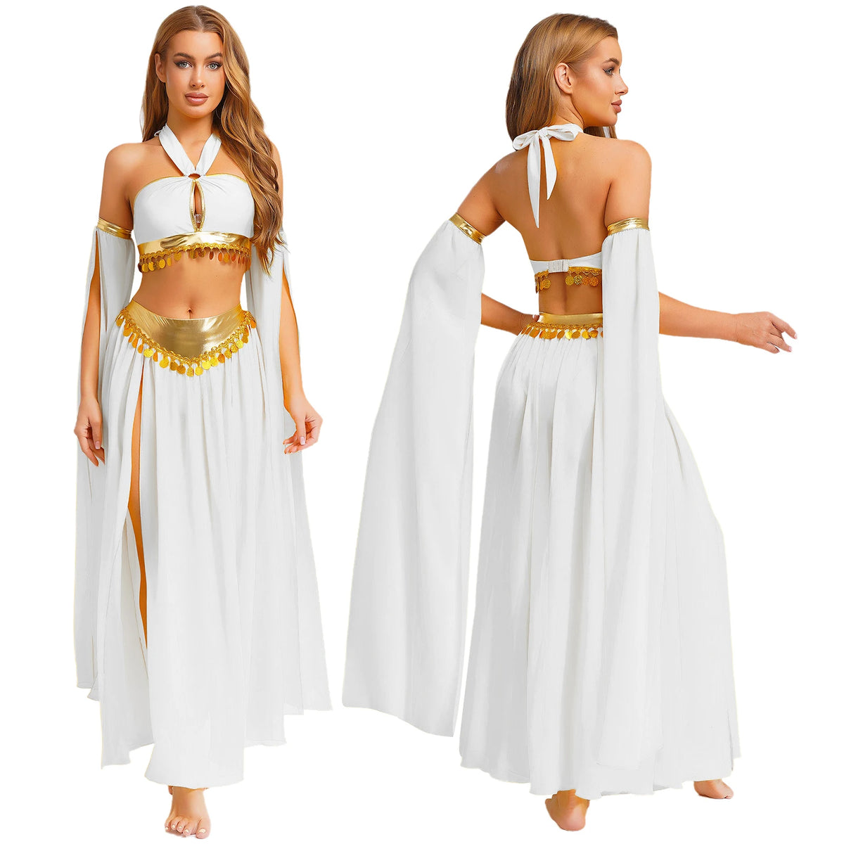 Womens Ancient Rome Egyptian Cleopatra Cosplay Costume Crop Top And Split Skirt Set Carnival Oriental Indian Belly Dance Outfits