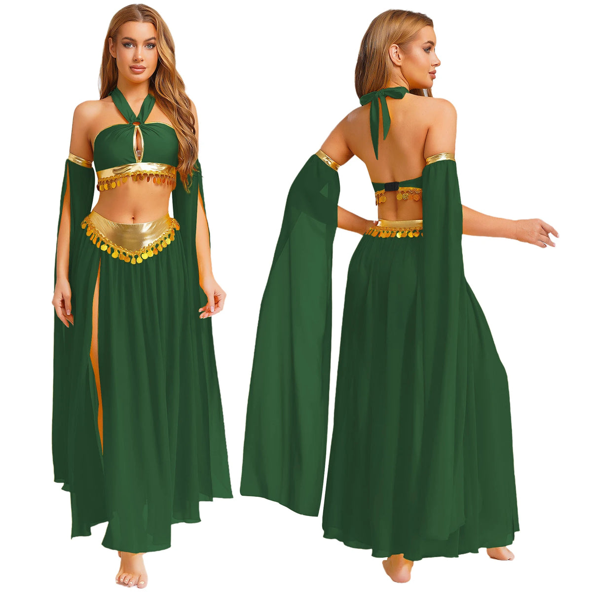 Womens Ancient Rome Egyptian Cleopatra Cosplay Costume Crop Top And Split Skirt Set Carnival Oriental Indian Belly Dance Outfits