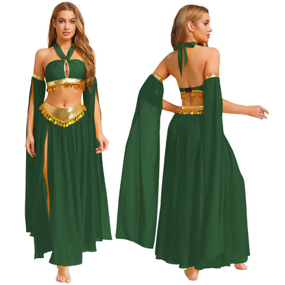 Womens Ancient Rome Egyptian Cleopatra Cosplay Costume Crop Top And Split Skirt Set Carnival Oriental Indian Belly Dance Outfits