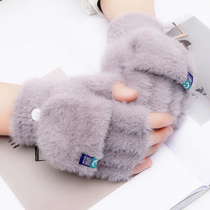 Women's Fingerless Gloves Soft Plush Knit Winter Mittens