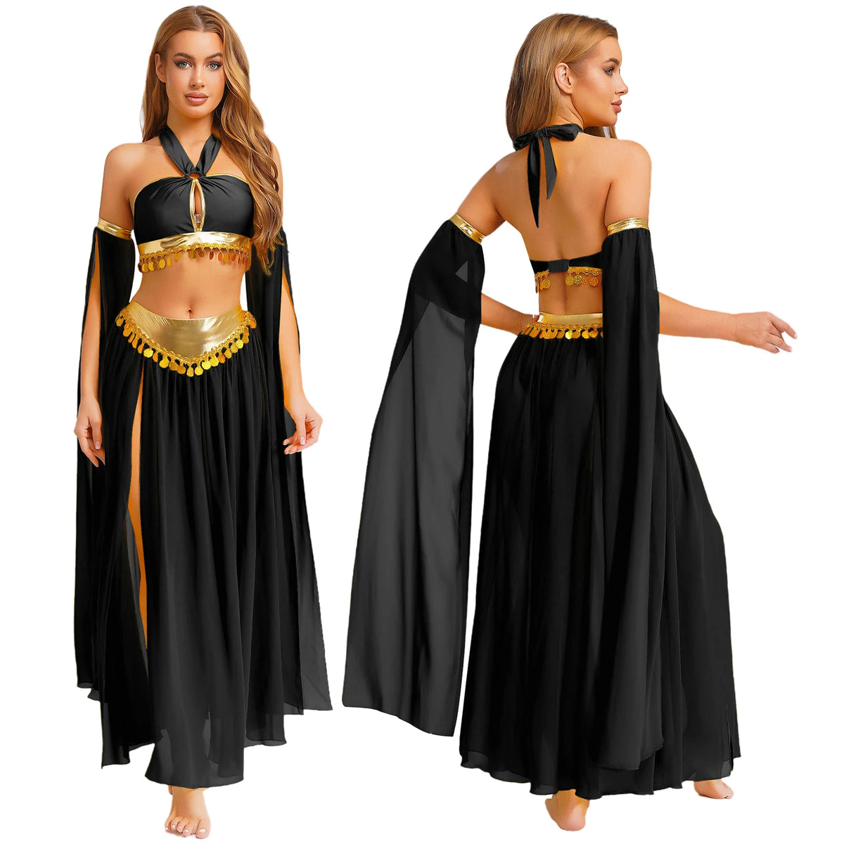 Womens Ancient Rome Egyptian Cleopatra Cosplay Costume Crop Top And Split Skirt Set Carnival Oriental Indian Belly Dance Outfits