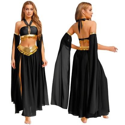 Womens Ancient Rome Egyptian Cleopatra Cosplay Costume Crop Top And Split Skirt Set Carnival Oriental Indian Belly Dance Outfits
