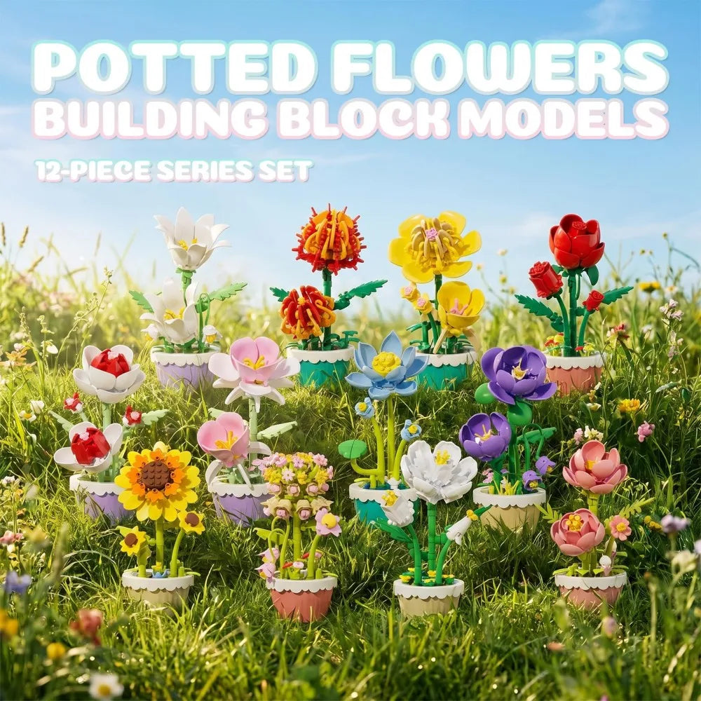 12Pcs Building Block Mini Flower Toy DIY Botanicals Collection Artificial Flowers With Pots Craft Kit For Home Office Desk Decor