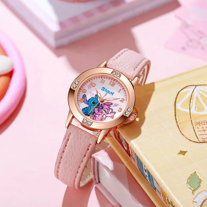 Girls Watch with Leather Strap and Rhinestone Dial