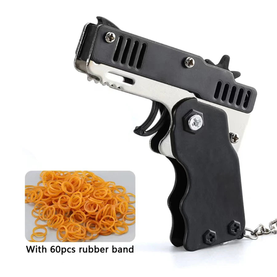 Mini Folding Rubber Band Launcher Toy with Keychain and 60 Bands