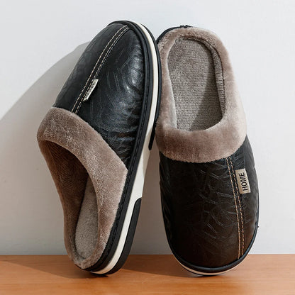 Men's Winter Slippers – Waterproof PU Leather Big Size Home Shoes