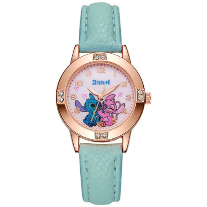 Girls Watch with Leather Strap and Rhinestone Dial