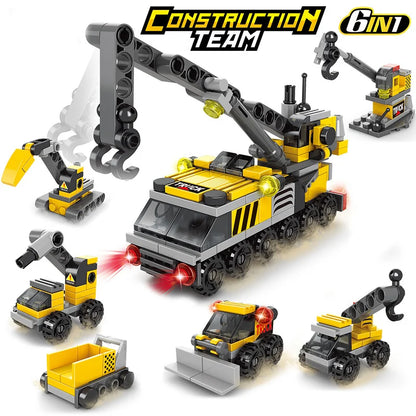 Mini size 6 In 1 Building Blocks DIY Police Car Fire Truck Castle Model Bricks Kids Educational Toys Gifts