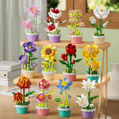 12Pcs Building Block Mini Flower Toy DIY Botanicals Collection Artificial Flowers With Pots Craft Kit For Home Office Desk Decor