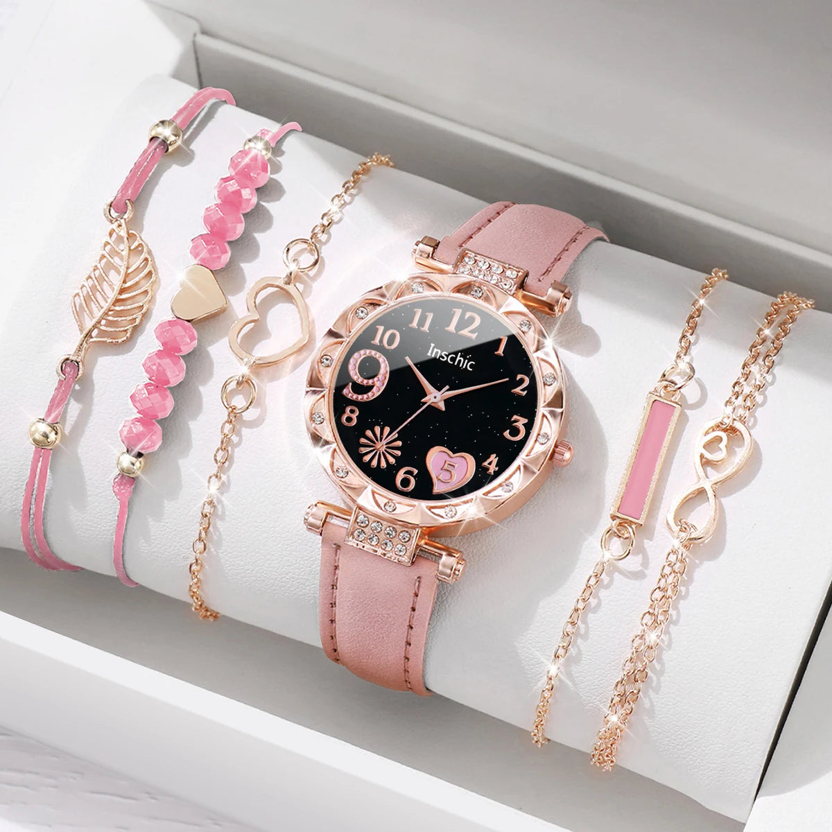 Women's Watch and Bracelet Set with Heart Dial and Leather Band