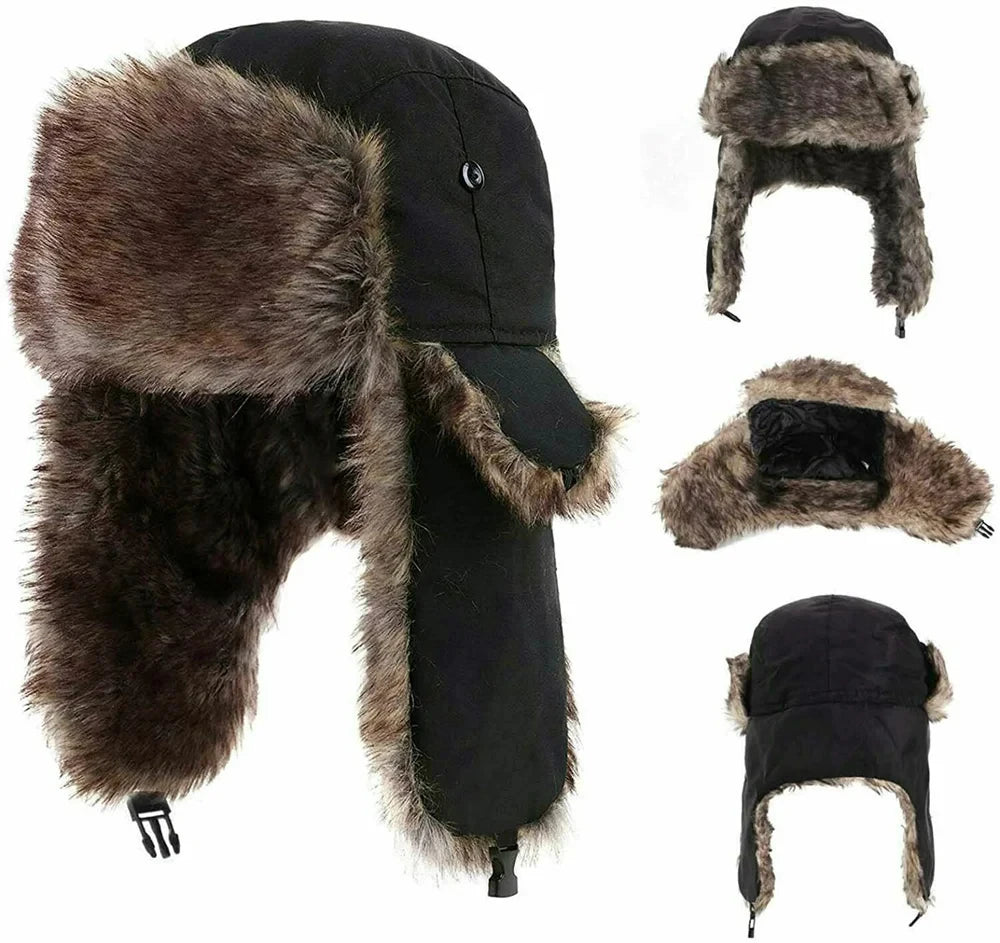 Trapper Hat with Ear Flaps and Faux Fur Lining for Winter
