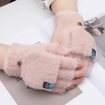 Women's Fingerless Gloves Soft Plush Knit Winter Mittens