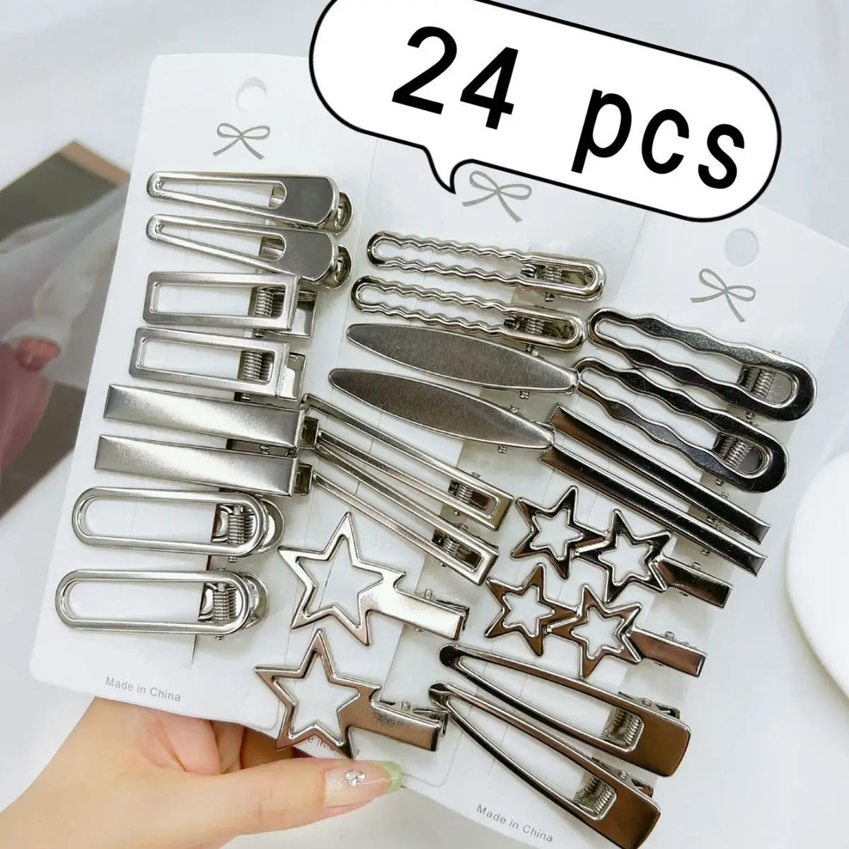 24-Piece Silver Hair Clips Set with Star and Duckbill Hairpins