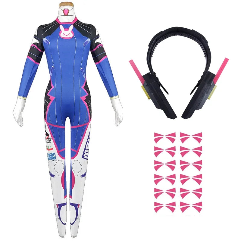 Game Overwatch Dva Cosplay Costumes Tights Jumpsuit Wig Headphone Gun Cosplay Props Tattoo Stickers Suit Woman Party Zentai Cos