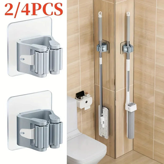 Wall Mounted Mop Holder Self-Adhesive Broom Organizer with Hooks