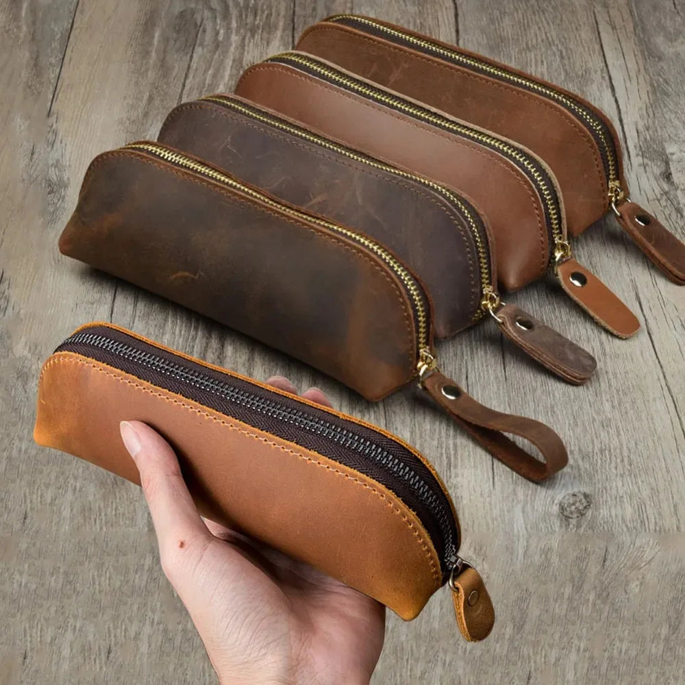 Leather Pencil Case with Zipper for Pens, Stationery and Storage