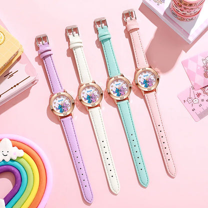 Girls Watch with Leather Strap and Rhinestone Dial