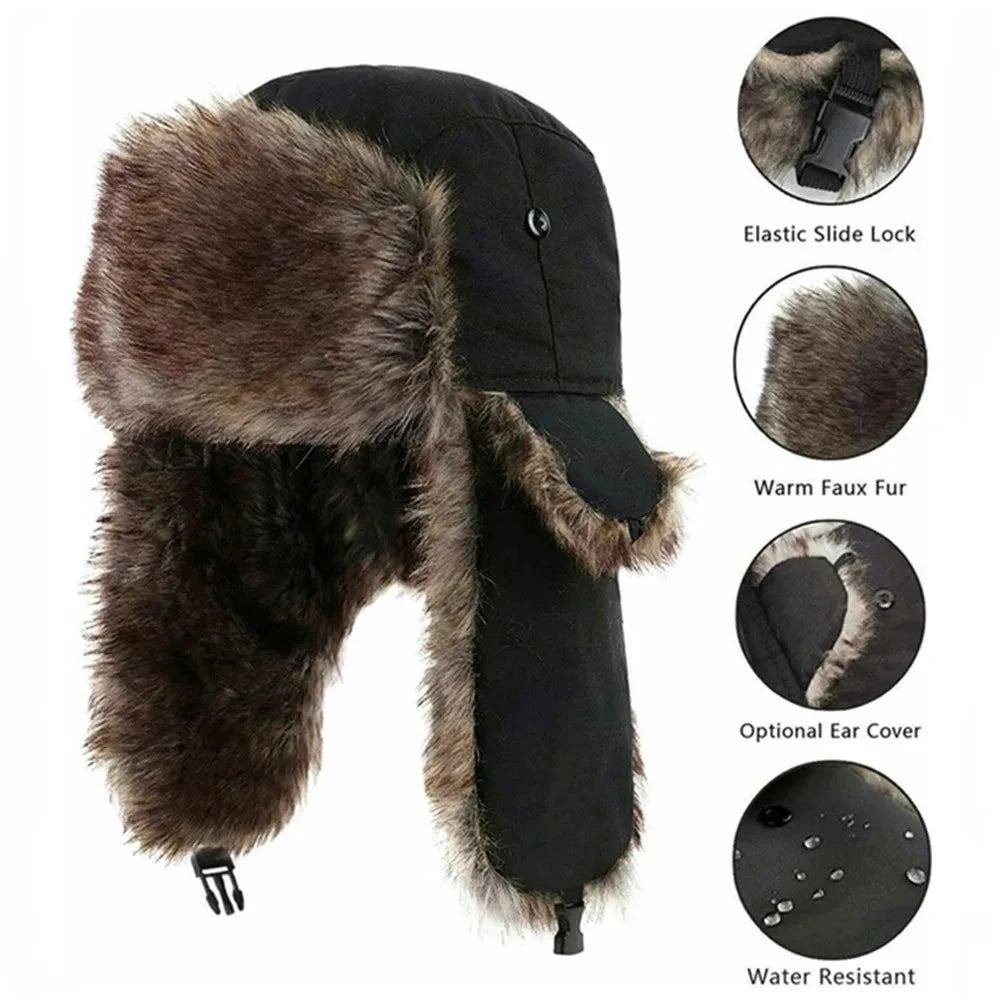 Trapper Hat with Ear Flaps and Faux Fur Lining for Winter