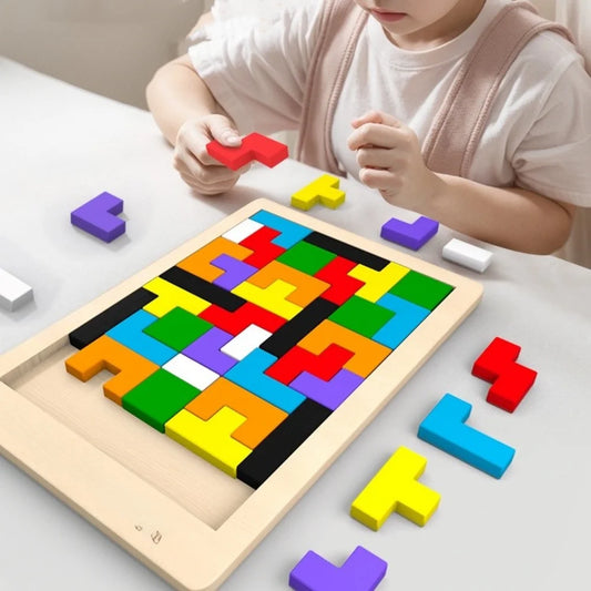 Wooden Tangram Puzzle with Colorful Geometric Building Blocks