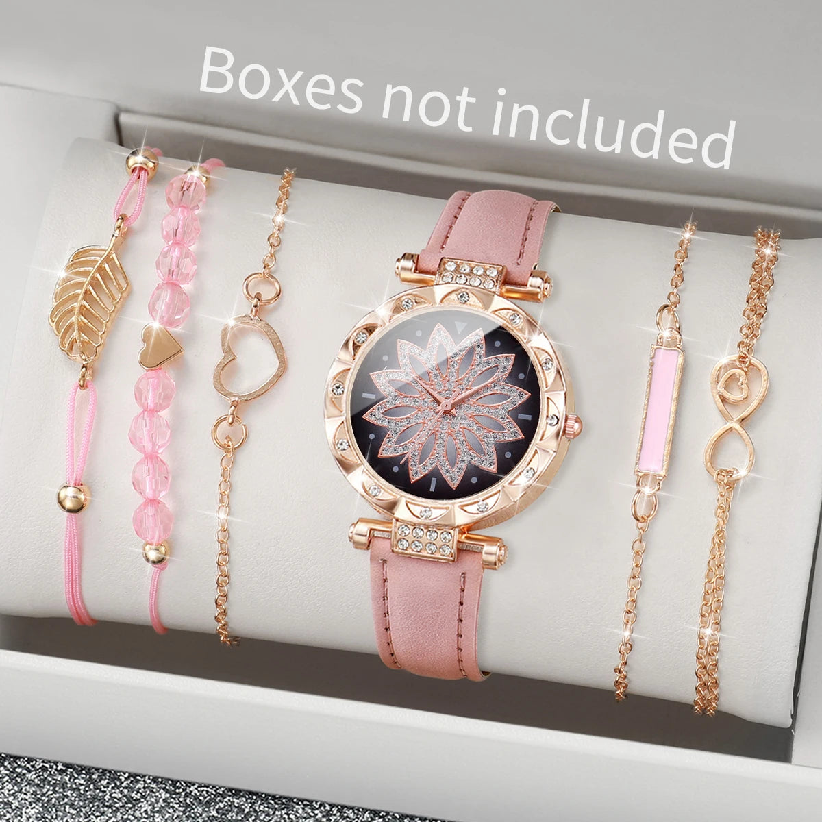 Women's Watch and Bracelet Set with Heart Dial and Leather Band