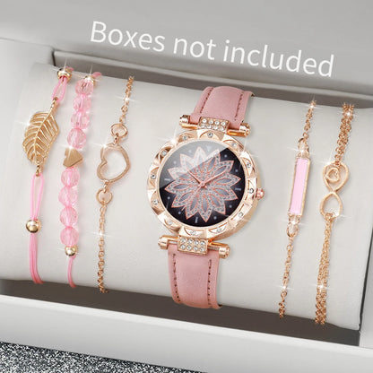 Women's Watch and Bracelet Set with Heart Dial and Leather Band