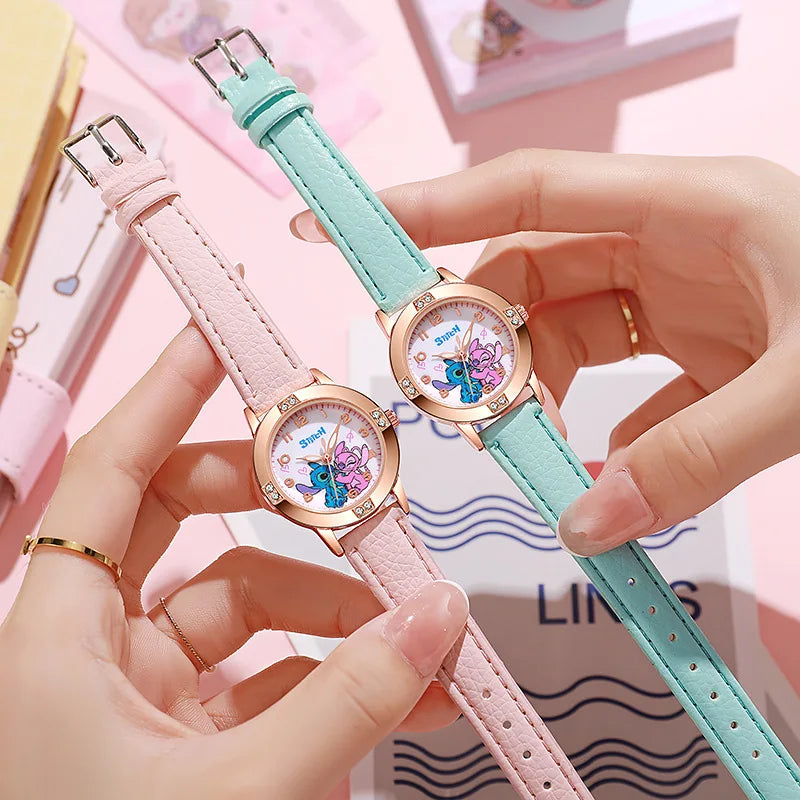 Girls Watch with Leather Strap and Rhinestone Dial