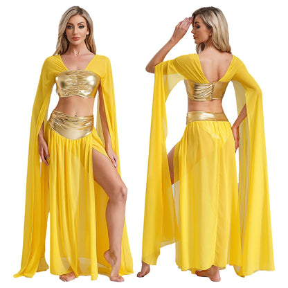 Womens Ancient Rome Egyptian Cleopatra Cosplay Costume Crop Top And Split Skirt Set Carnival Oriental Indian Belly Dance Outfits