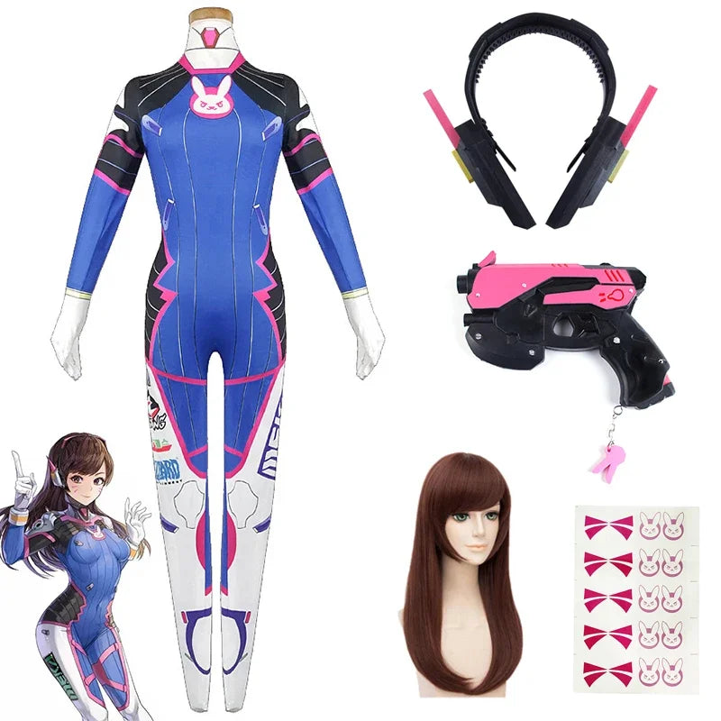 Game Overwatch Dva Cosplay Costumes Tights Jumpsuit Wig Headphone Gun Cosplay Props Tattoo Stickers Suit Woman Party Zentai Cos