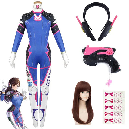 Game Overwatch Dva Cosplay Costumes Tights Jumpsuit Wig Headphone Gun Cosplay Props Tattoo Stickers Suit Woman Party Zentai Cos